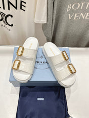 PRA CROCODILE MOTIF STRAP SLIDES SANDALS WHITE CALFSKIN