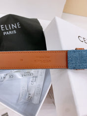 CELINE 25S BELT TRIOMPHE TAURILLON 25MM IN BROWN CALFSKIN AND DENIM 558355