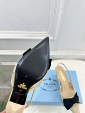 PRADA 26S POINTED-TOE SLINGBACK HEELS 75MM IN BEIGE MESH WITH BLACK BOW