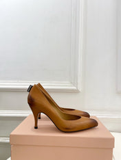 MIUMIU 26S POINTED TOE HIGH HEELS 85MM IN BROWN COGNAC CALFSKIN