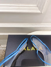 ALAIA 26S POINTED-TOE THONG SANDALS IN BLUE SATIN AND TRANSPARENT PVC