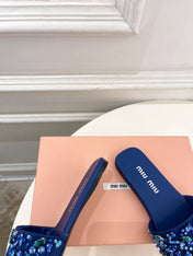 MIUMIU 26S SLIDES IN ROYAL BLUE SATIN CRYSTAL EMBELLISHED